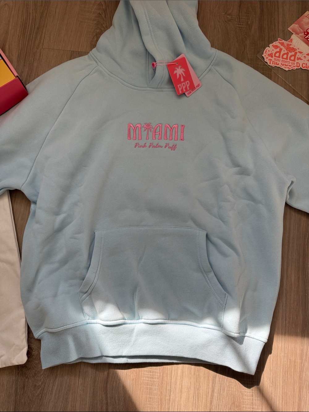 Pink Palm Puff Meet me in Miami Logo Light Blue Hoodie - Pink Embroidery - Picture 6 of 7